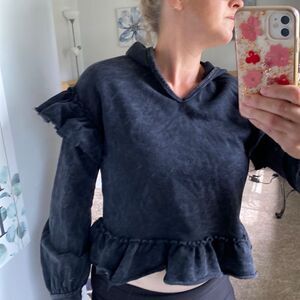 ANTHRO distressed peasant hoodie semi crop ruffle waist t. la XS small